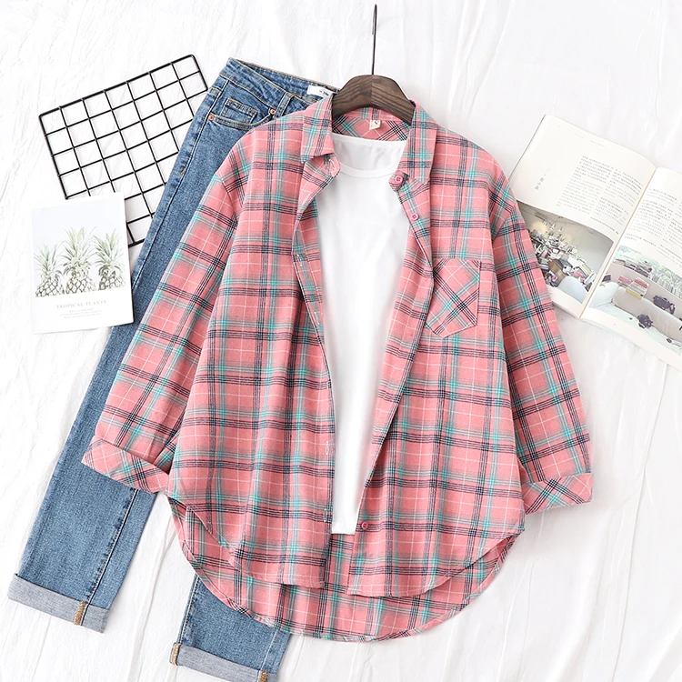 2024 New Cotton Plaid Shirts Women Casual Loose Tops And Blouses Ladies Long Sleeve Large Size One Pocket Blouse Blusas