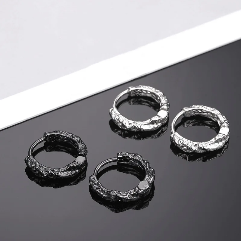 KOFSAC Vintage Black Irregular Texture Hoops Men Jewelry 925 Sterling Silver Earrings For Women Hip-Hop Party Accessories Gifts