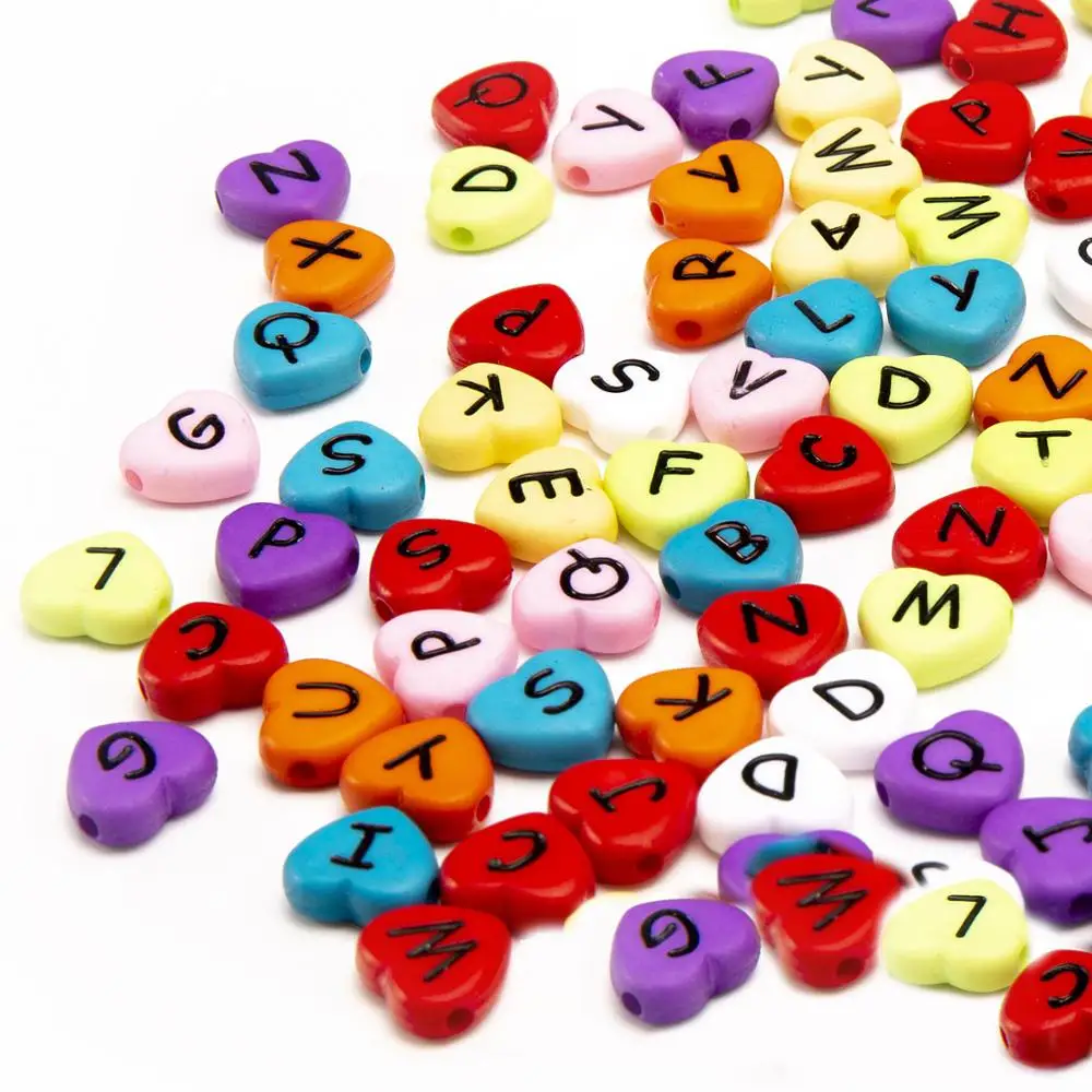 

Solid Colors Acrylic Heart Shape Letters Beads 4*11mm 1200pcs DIY Bracelet Spacer Alphabet Beading Material Plastic Lucite Beads