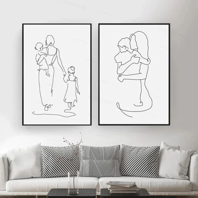 Mother and Daughter Son Art Line Drawing Canvas Painting Abstract Minimalist Posters and Prints Wall Art Pictures for Home Decor