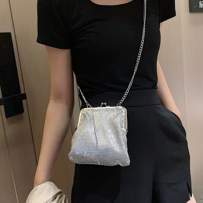 Silver Metal Women Party Clutch Bag Punk Fashion Purses and Handbags Female Evening Bag Diamond Tassel Crossbody Chain Bag 2021