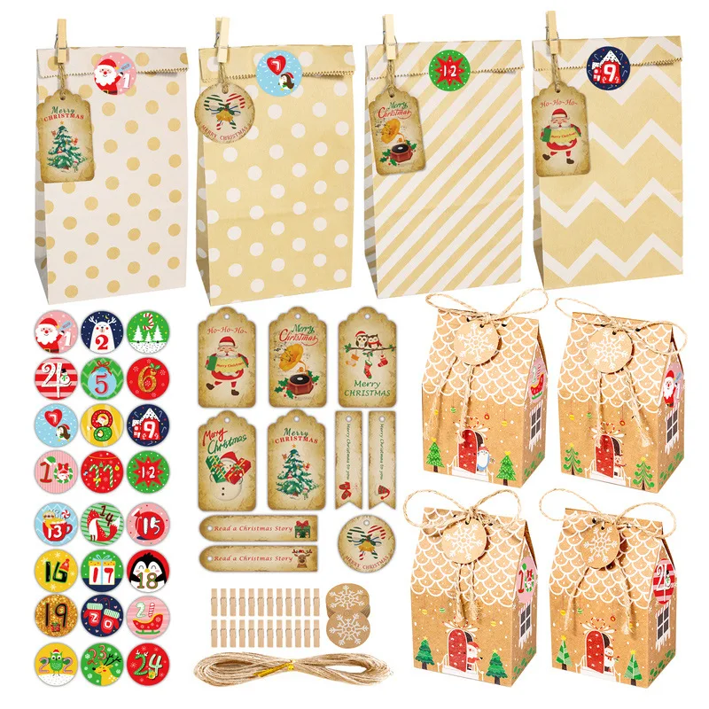 24sets House Box Kraft Paper Bag Christmas Advent Calendar Gingerbread Holiday Count Down Gift Packaging Kids Gift Noel Navida