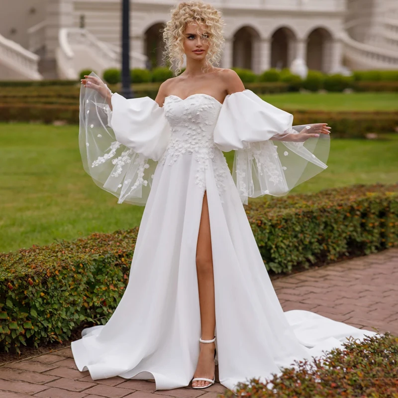 

New Arrival Sweetheart Appliques Slit Detachable Puff Sleeve A-Line Satin Wedding Dress Bridal Gowns Vestido De Noiva