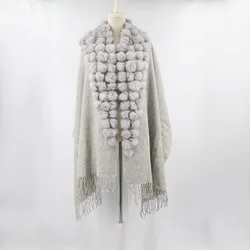 Mother's Gift Triangle Pompon Warm Loose Long Poncho Cloak Women Cashmere Shawl Cape Real Rabbit Fur Ball Tassel Out Streetwear