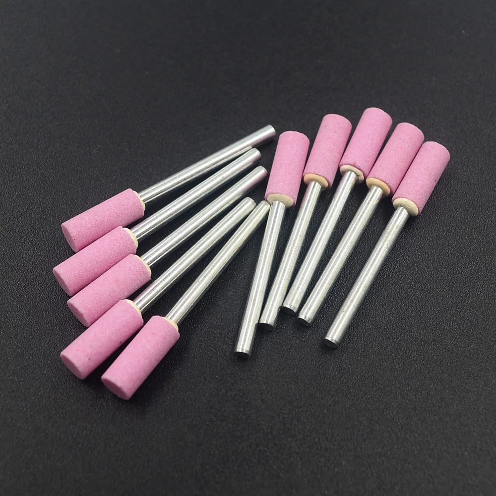 10pcs 3mm Shaft Mounted Ceramic Grinding Head Polishing Abrasive Wheel Dremel Rotary Power Tools Cylinder Pink