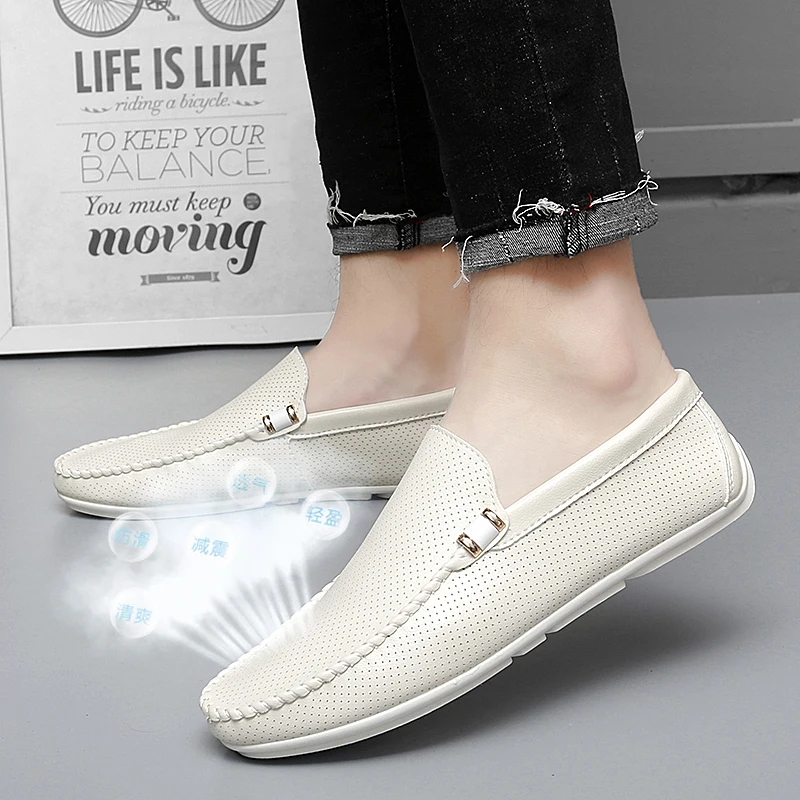 Men\'s Casual Shoes Luxury Brand 2022 Summer Leather Italian Loafers Men Moccasins Hollow Out Slip on Flats Boat Driving Shoes