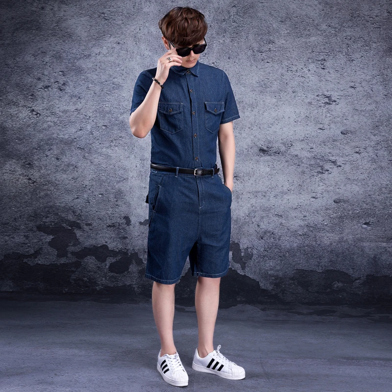 Siamese denim men's jumpsuit denim suit Siamese men's tide jumpsuit men's wear tide denim shorts short sleeve summer