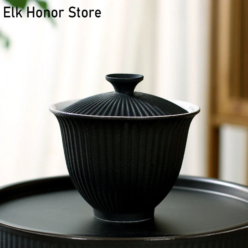 150ml Ceramic Tea Gaiwan Black Crockery Ceramic Gaiwan Porcelain Tureen Chinese Coarse Porcelain Tea Bowl Tea Set Accessories