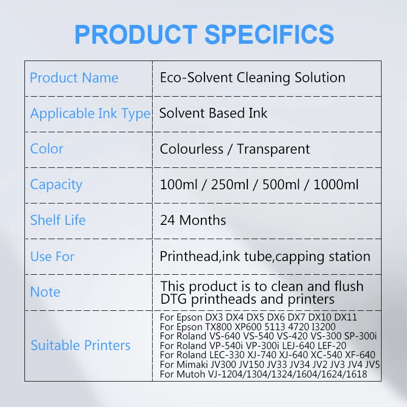 Eco-Solvent Ink Cleaning Solution For Epson/Roland/Mimaki/Mutoh 1390 L800 L1800 DX5 DX7 TX800 XP600 5113 4720 I3200 Printhead