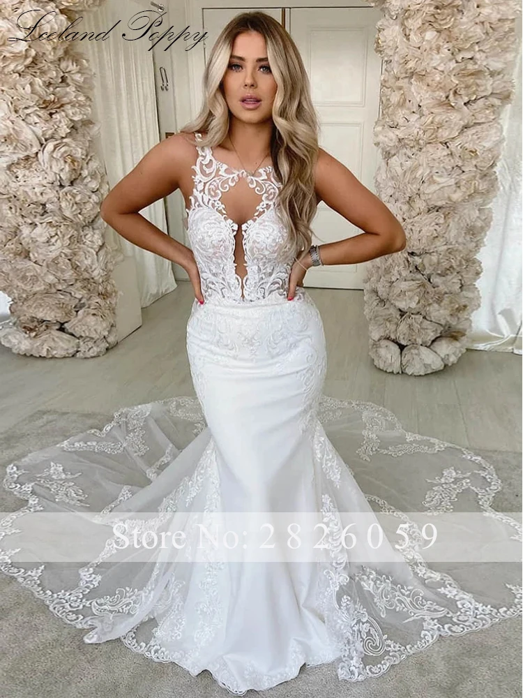 Lceland papoula personalizado sexy sem costas sereia vestidos de casamento até o chão ilusão rendas apliques sem mangas vestidos de noiva