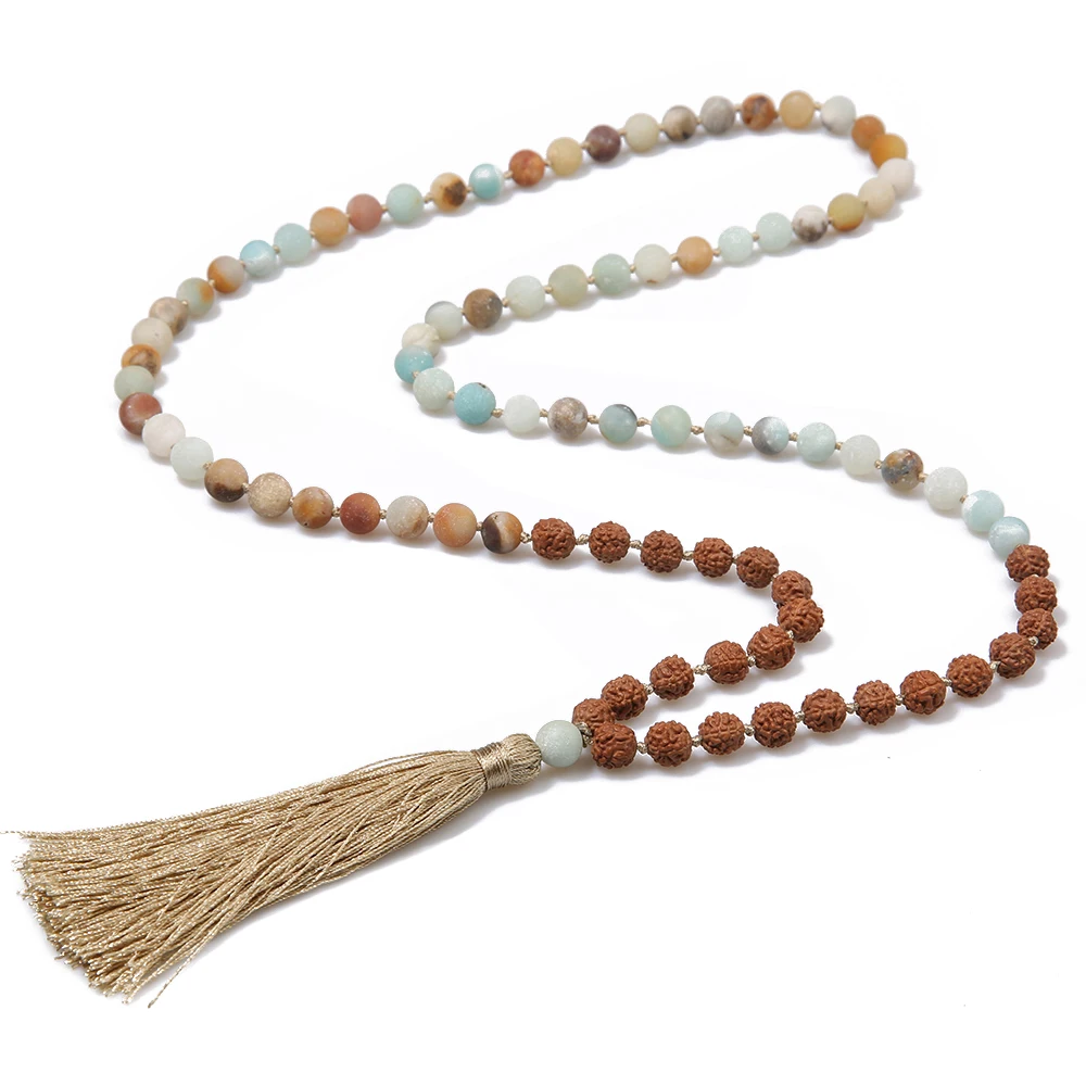 108 Mala Rudraksha & Matte Amazonite Beaded Knotted Necklace Blessing Meditation Yoga Prayer Japamala Jewelry Tassel Pendant