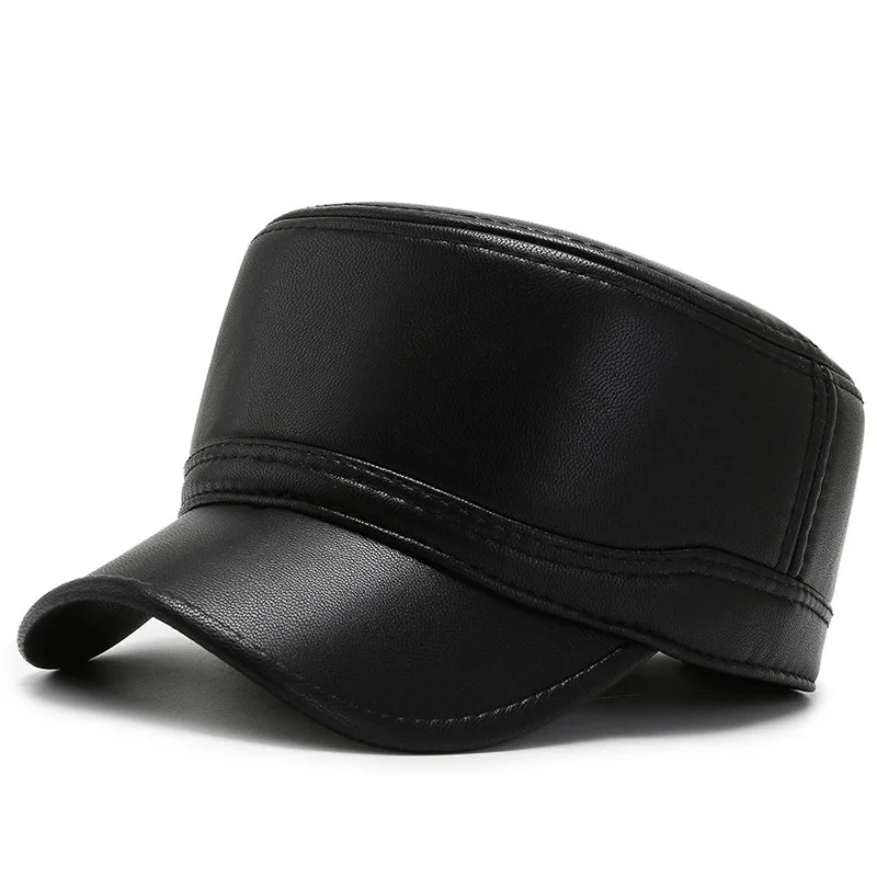 Winter Hat Men Warm Thicken Pu Leather Military Hats For Man Flat Top Snapback Hats With Ear Flaps Outdoor Caps Hip Hop Hats