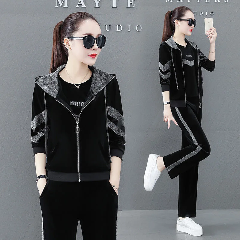 Velour 3 Piece Sets Women Tracksuit Velvet Pant Sets Woman Solid Hooded Zipper Top and Pants Suit women's clothing 2023 M-4XL