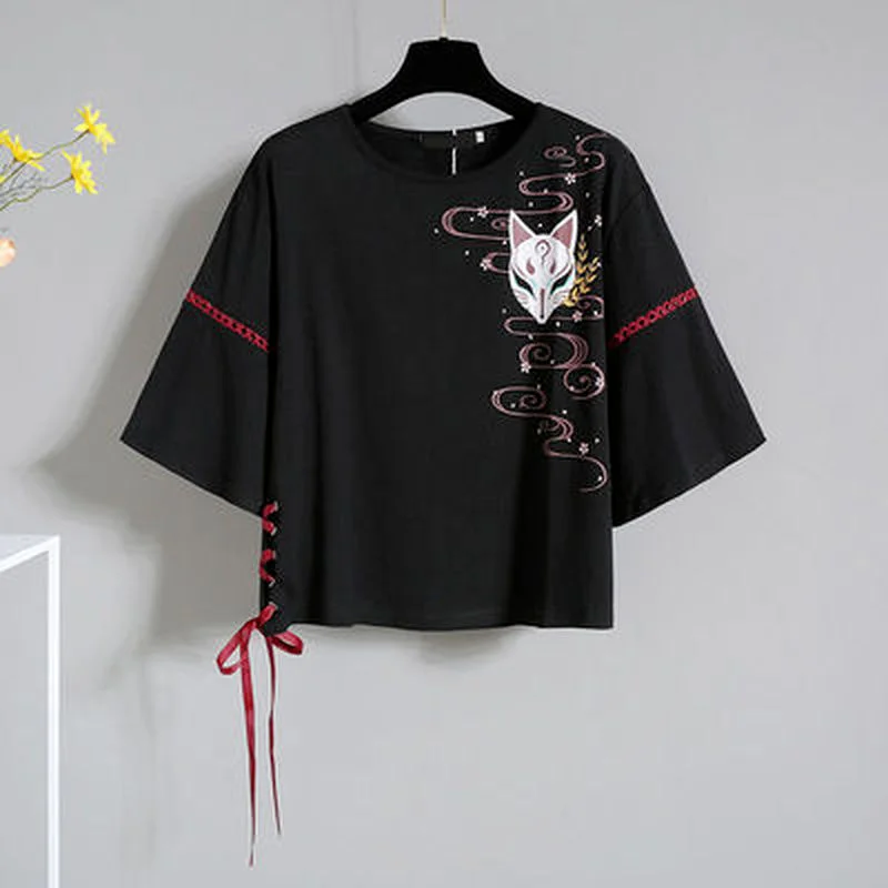 Anime Japanese Red Ribbon Girl Lolita T-shirt Short Skirt Set Adult Fox Hanfu Dress Halloween Cosplay Costume