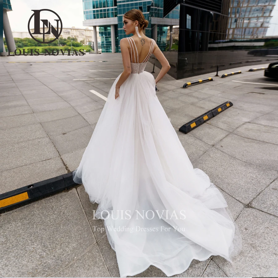 LOUIS NOVIAS A-Line vestido De Novia Sexy impresionante Vestidos De Novia De encaje sin tirantes tirantes Spaghetti con cuentas sin espalda Vestidos De Novia