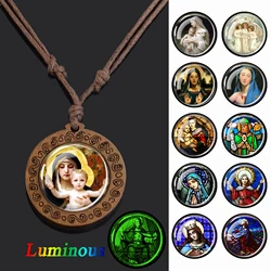 Virgin Mary and Baby Jesus Christian Catholicism Necklace Blessed Mother Religious Glass Dome Wooden Pendant Luminous Jewelry