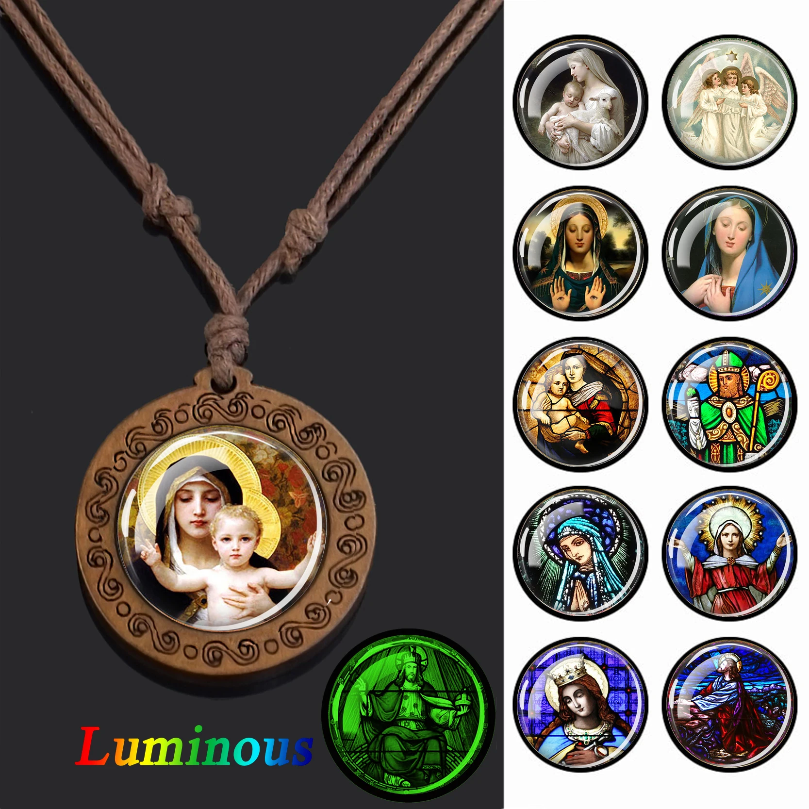 Virgin Mary and Baby Jesus Christian Catholicism Necklace Blessed Mother Religious Glass Dome Wooden Pendant Luminous Jewelry