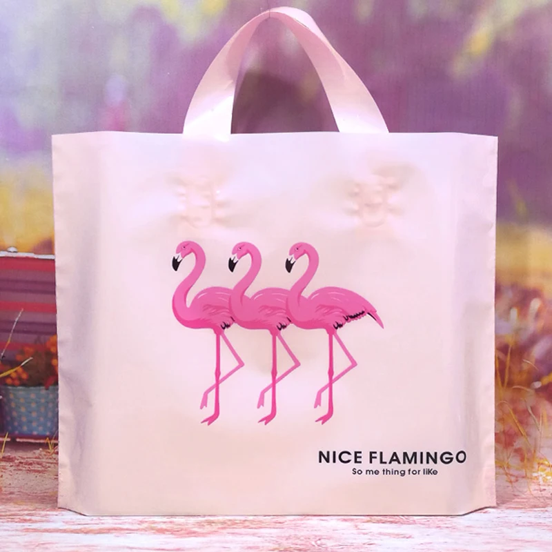 10PCS/Lot Flamingo Thick Plastic Shopping Bags Plastic Gift Bag With Handle Tote Bag Thick Boutique Gift Clothing Packaging