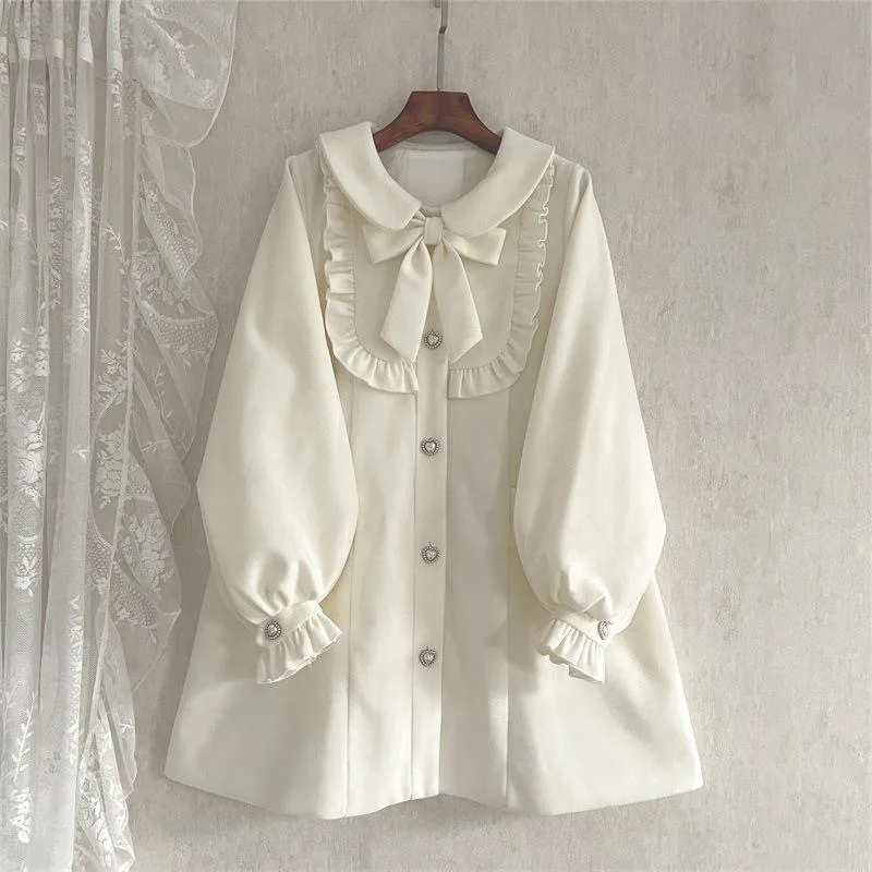 Single-breasted Puff Sleeve Sweet Elegant Woolen Coat Women Jacket Bowknot Lolita Doll collar Outerwear Korean Fashion Clothes