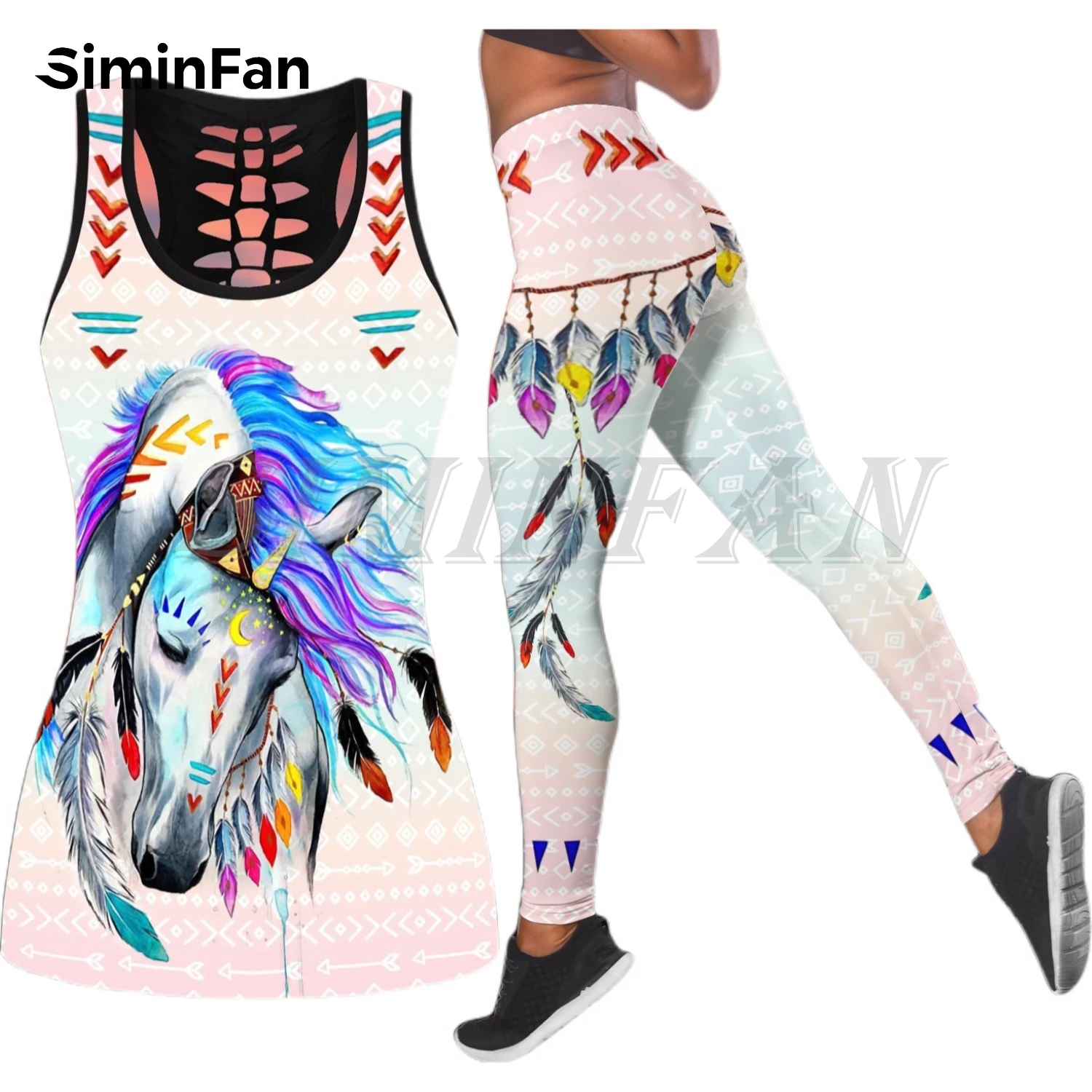 Love Horse Blue Camo Two Pieces Yoga Sets Women 3D Printed Hollow Out Tank Top Leggings Summer Vest Casual Sportswear Pant Suits