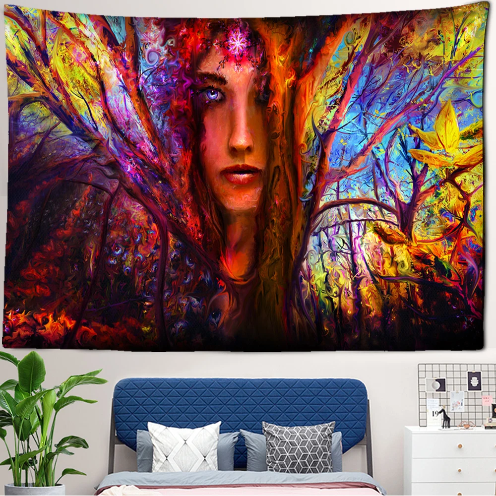 Psychedelic Tapestry Artwork WWomen Glowing Eyes  Bed Couple Box College Beach Towels Dormfarm House Home Decor