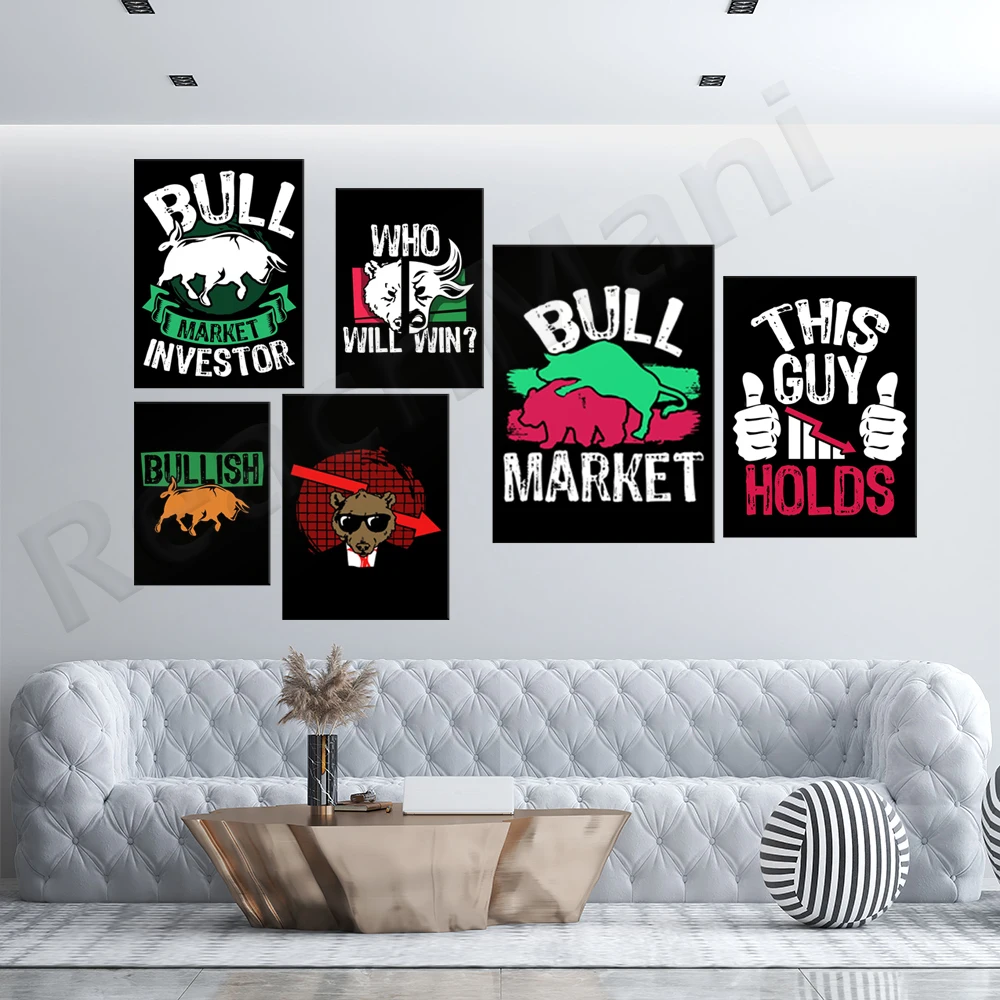 Bull And Bear Stock Market Quote Poster And Print Modern Office Home Decor Finance Stock Trading WallArt Canvas Painting