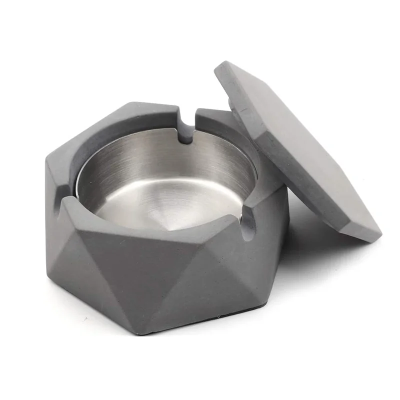 Concrete Ashtray with lid Geometric Cigarette Ashtray Outdoor Ashtray with Stainless Steel Inner Tray Nordic Style Smoking Tool