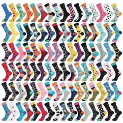 1 Pair Combed Cotton Men Fashion Trend Crew Socks Funny Geometry Plaid Tongue Printed Men Novelty Long Socks Happy Cartoon Socks