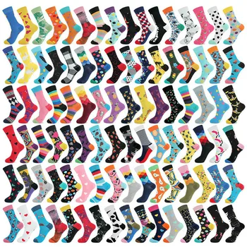 זוג אחד גרבי צווארון מודפסים בגיאומטריה מצחיקה של גברים מבד כותנה משובחת, גרבי קרטון מאושרים וארוכים