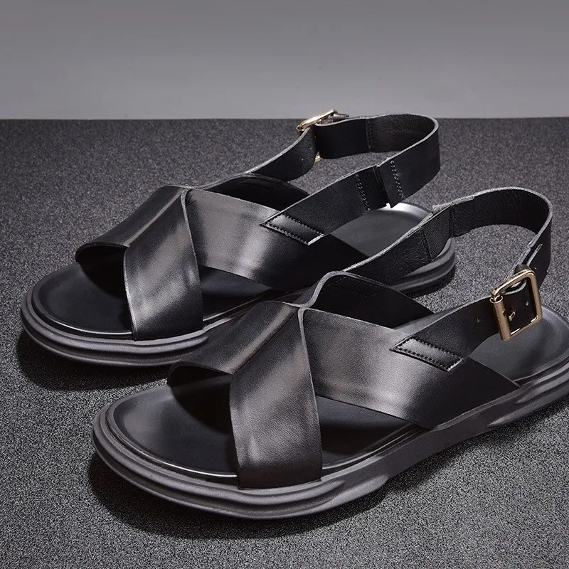 Mens New Brand Geunine Summer Leather Flat Open Toe Breathable Buckle Strap Leisure Black Male Cowhide Beach Sandals