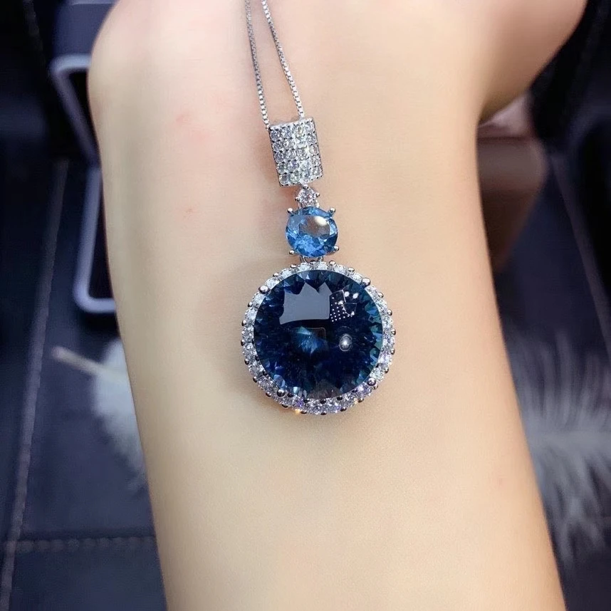 Fine Jewelry 925 Sterling Silver Inlay With Natural Large Gem Women's Classic Vintage Round Blue Topaz Pendant Necklace Support