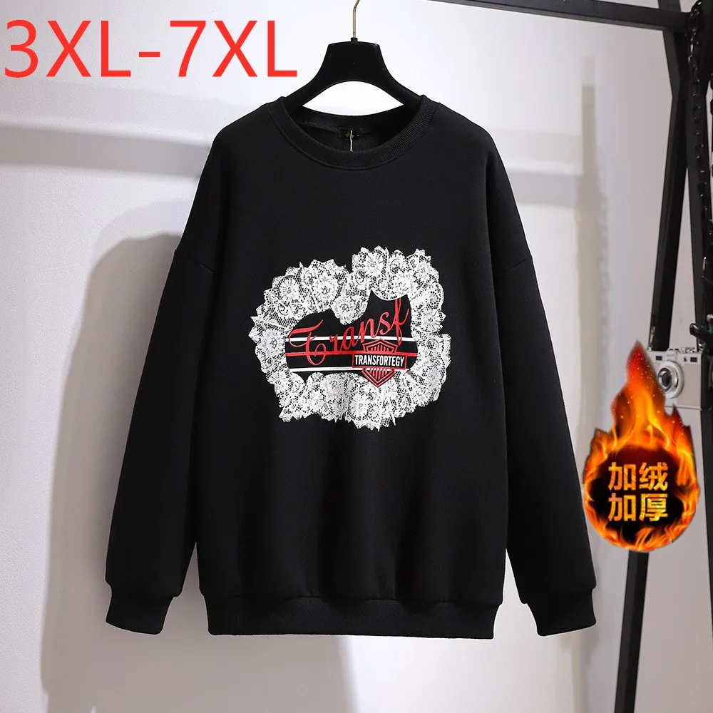 New Autumn Winter Plus Size Women Clothing Pullover Large Long Sleeve Black Print Velvet Thick Warm T-shirt 3XL 4XL 5XL 6XL 7XL