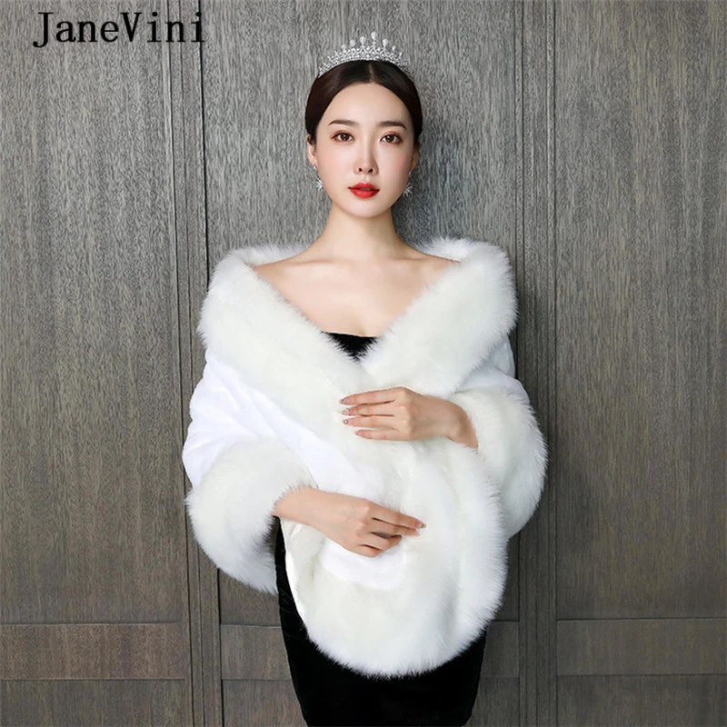 JaneVini Elegante Elfenbein Cape Mantel Braut Faux Fur Wrap Winter Warme Große Schal Jacke Plus Größe Bolero Frauen Hochzeit Zubehör