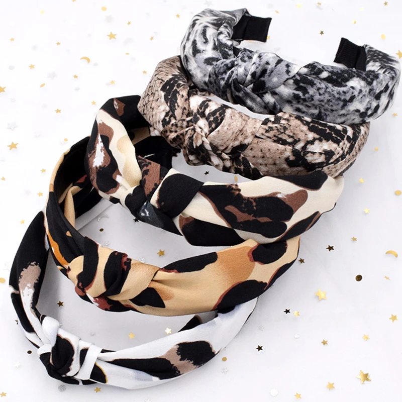 Leopard Pattern Snake Animal Print Wide Headband Cross Knotted Head Hoop Fashion Women Girls Stretch Hair Bands Hair Accessories