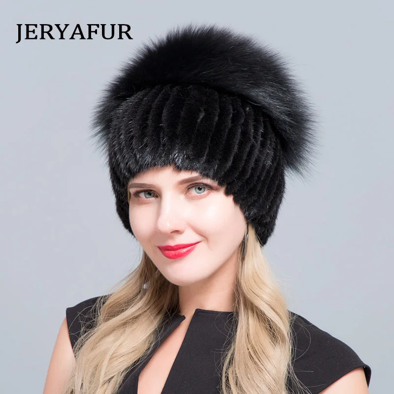 Hot Sale Fashion Mink Fox Hat Winter Warm Women Knitting Caps Mink Hats Vertical Weaving With FOX Fur On The Top