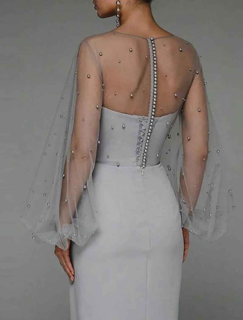 Robe De Soirée grise/blanche avec perles, tenue De Soirée formelle, col en perles, manches longues, Illusion De bijoux, nouvelle collection, 2022