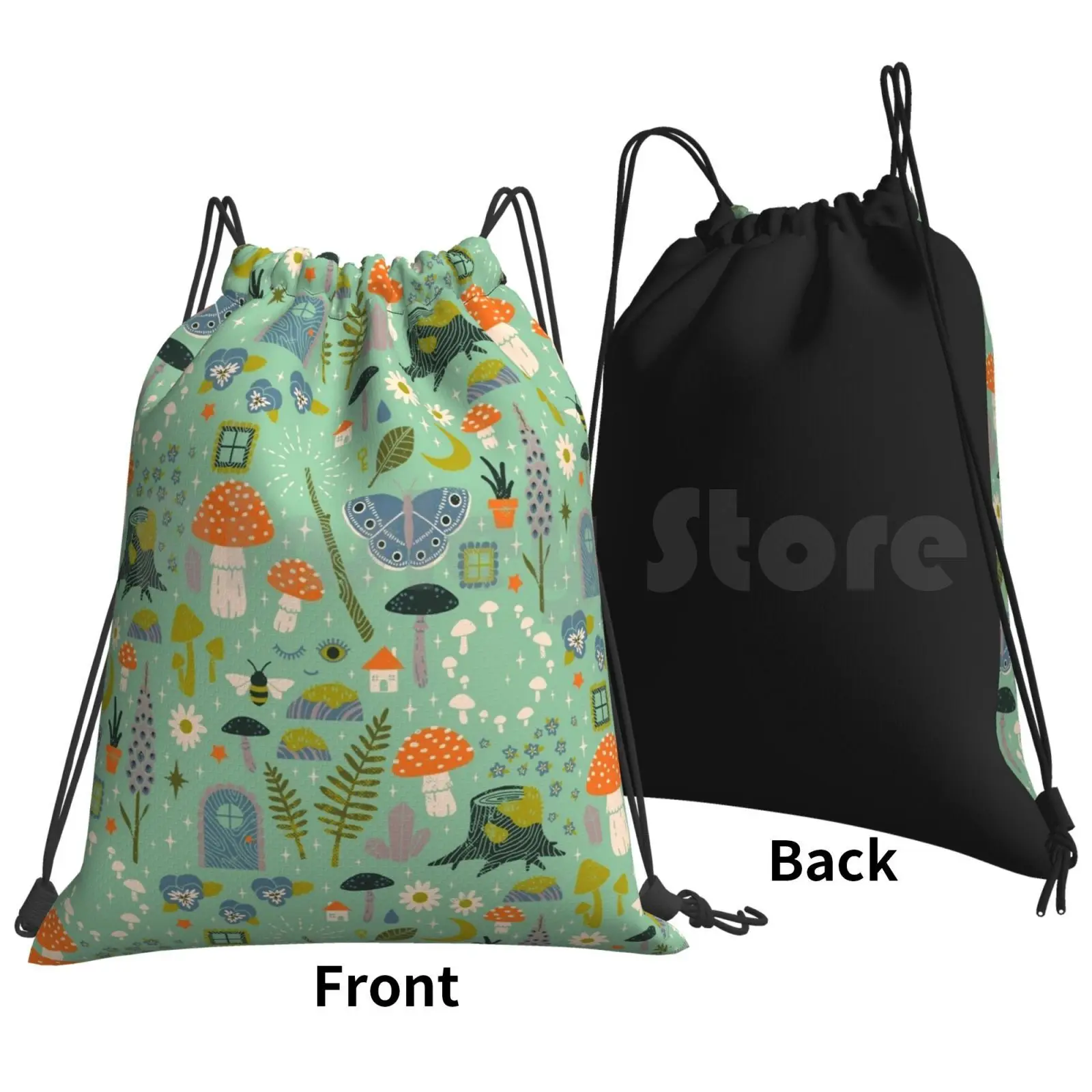 Fairy Garden Backpack Drawstring Bags Gym Bag Waterproof Pattern Mint Pastel Fairy Garden Nature Mushrooms Bee Flowers