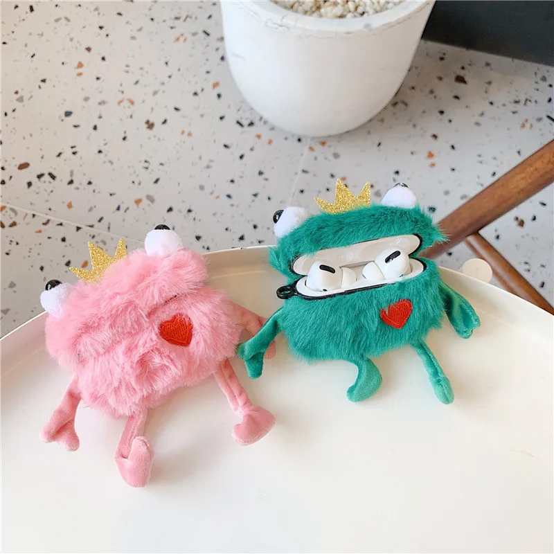 

New Cartoon Cute Plush Toy Frog Prince with Crown Headphone Cases For Apple Airpods pro3 Funny Flannel Protection Earphone Cover