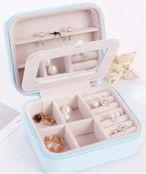 Mini pendientes de cuero para viaje, estuche para joyería con espejo, caja para presentación de joyas, útil maquillaje