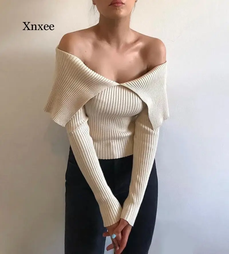 Women Off Shoulders Irregular Fitted Knitted Sweater Fashion Vintage V-Neck Long Sleeve Female Pullovers Chic Tops