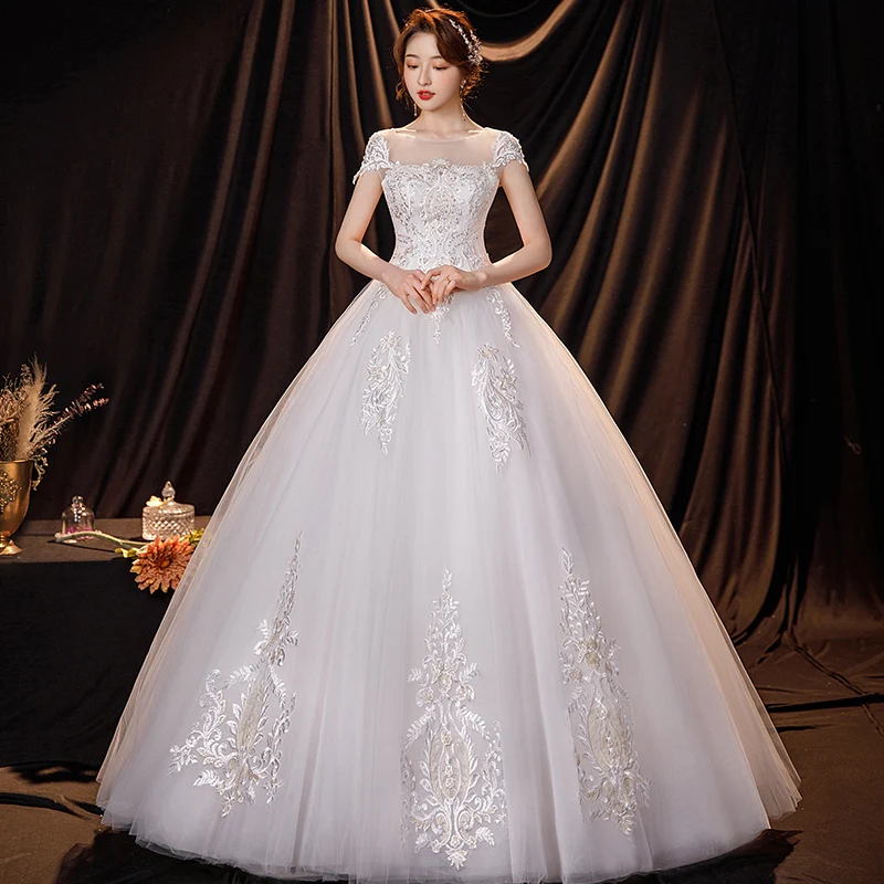 ClassicNeck 짧은 소매 웨딩 드레스 빛나는 장식 조각 웨딩 드레스 크기 레이스 신부 드레스 Vestido Noiva Robe Mariage Customized