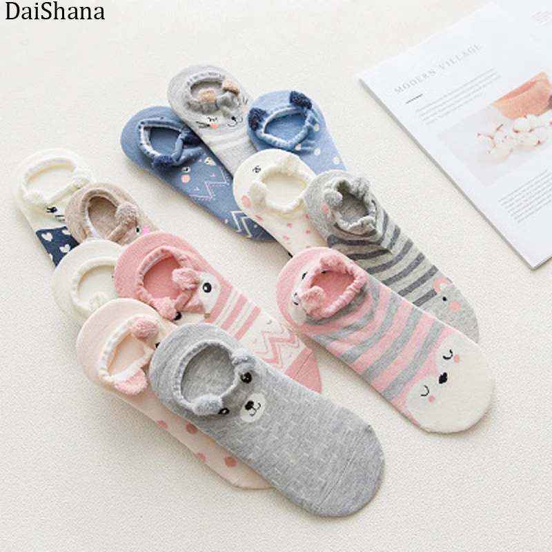 5 Pairs Women Socks Ankle Socks Spring Summer Cartoon Cute Cotton Cat Bear Ear Animal Japanses Style Invisible Boat Socks 35-42