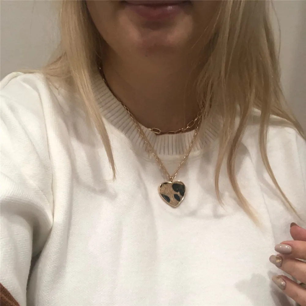 Gold Color Leopard Skin Print Heart Pendant Wide Chain Separable Necklace Fashion Words Jewelry Party Gift