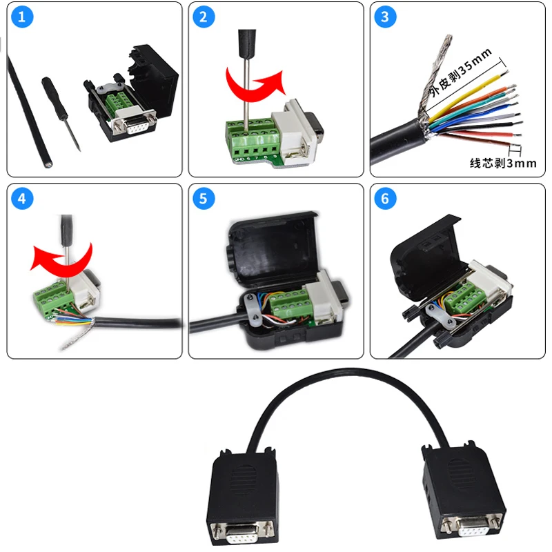RS232 / 422 / 485 إشارات لوحة القطع رأس المنفذ التسلسلي DB9 ذكر / أنثى إلى محول كتلة المحطة