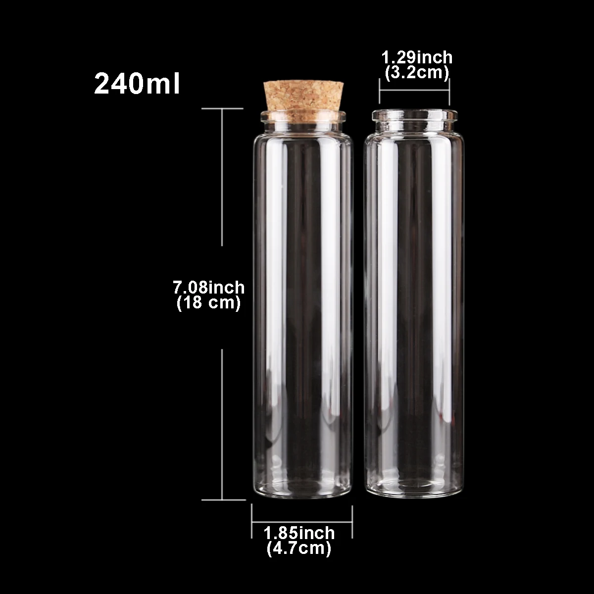 12 pieces 240ml(8OZ) 47*180*32mm Glass Bottles with Cork Stopper Spice Candy Bottle Jars Glass Container Wedding Farours