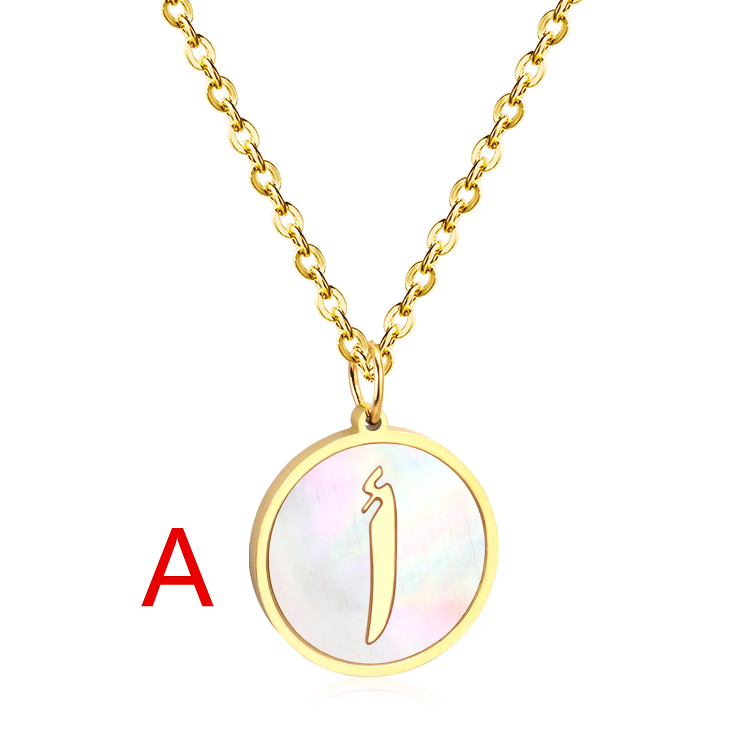 LUXUSTEEL Arabic Alphabet White Round Shell Pendant Necklace For Women Girls Golden Color Stainless Steel Letter Coller Party