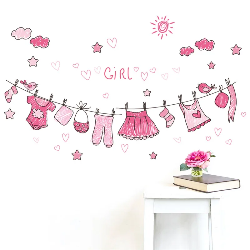 Lovely Clothesline Wall Sticker For Girls Room Bedroom Home Decoration Cartoon Mural Art Diy Pink Style Wall Decals