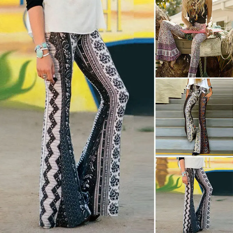 Summer Women Boho Sexy Slim Leisure Trousers Loose Hippie High Waist Printed Wide Leg Long Flared Bell Bottom Pants