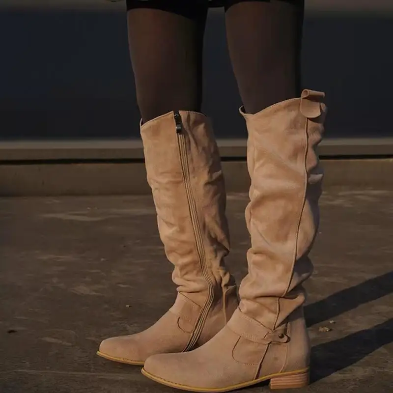 Women Knee High Boots Solid Color Suede Ladies Boot Autumn Warm Pointed Toe Sexy Zipper Low Heel Pumps Comfortable Female Shoes