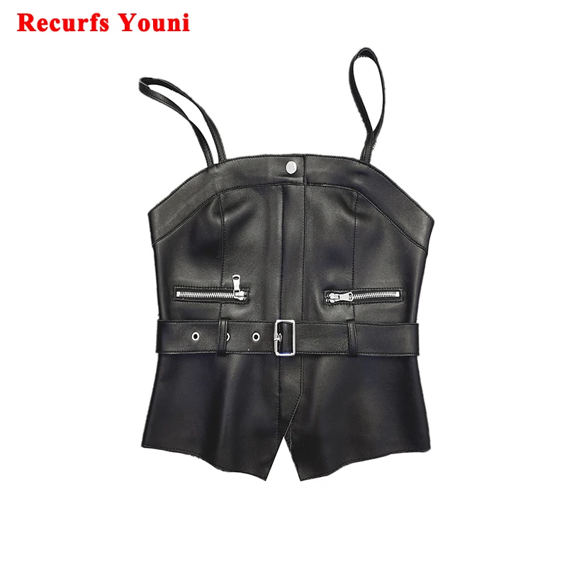 Winter Genuine Leather Clothing Women Motorcycle Style Gilet Personality Camisole Waistcoat Female Locomotiv Zip Belt Short Vest